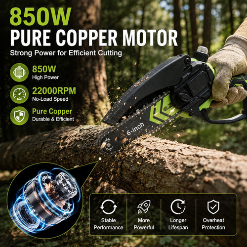 🌿 6-Inch Cordless Mini Chainsaw – Brushless 900W Pruning Saw with 2 Batteries